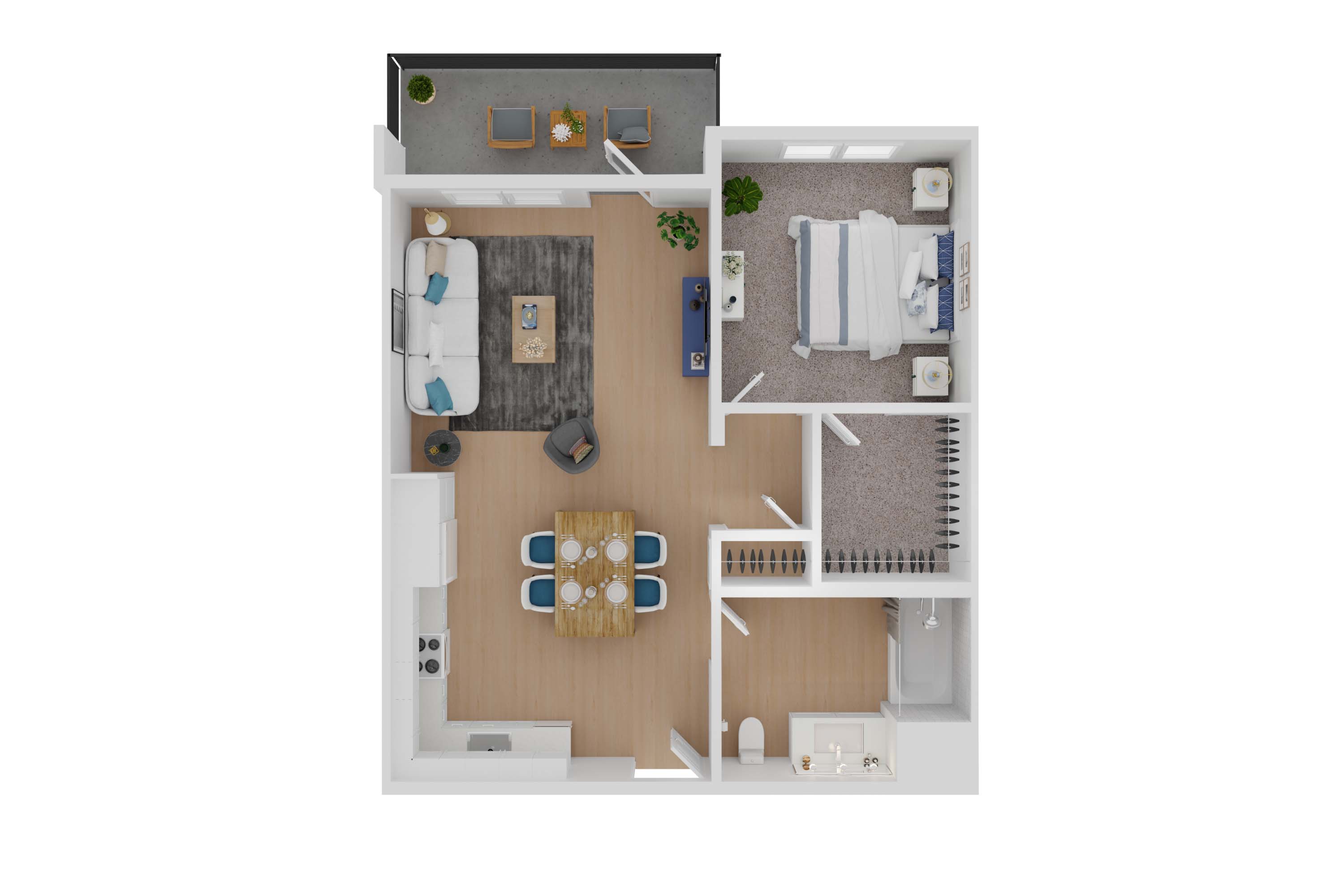 3D one bedroom floorplan with furniture